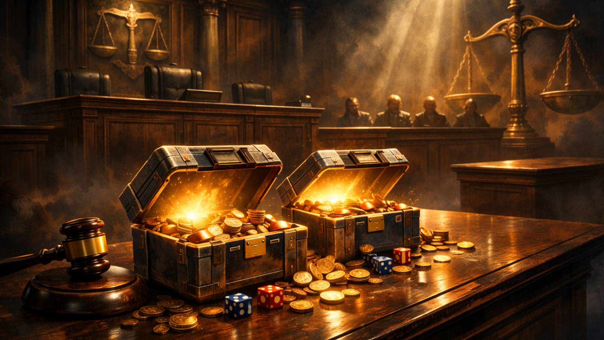 Fantasyhafte Darstellung eines Gerichtssaals mit leuchtenden Lootboxen auf dem Richtertisch, aus denen Münzen und Würfel fließen, als Sinnbild für Glücksspiel vor Gericht