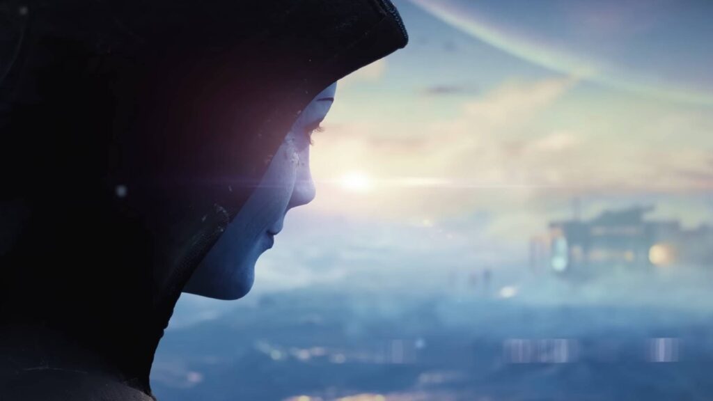 Eine Figur blickt in eine frostige Sci-Fi-Landschaft und steht sinnbildlich vor einer ungewissen Zukunft in Mass Effect 5.