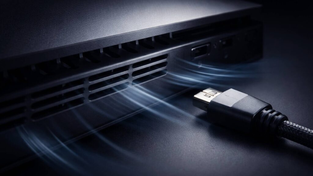 Abstraktes Technikmotiv mit Fokus auf Luftstrom und Anschlüsse einer Spielekonsole