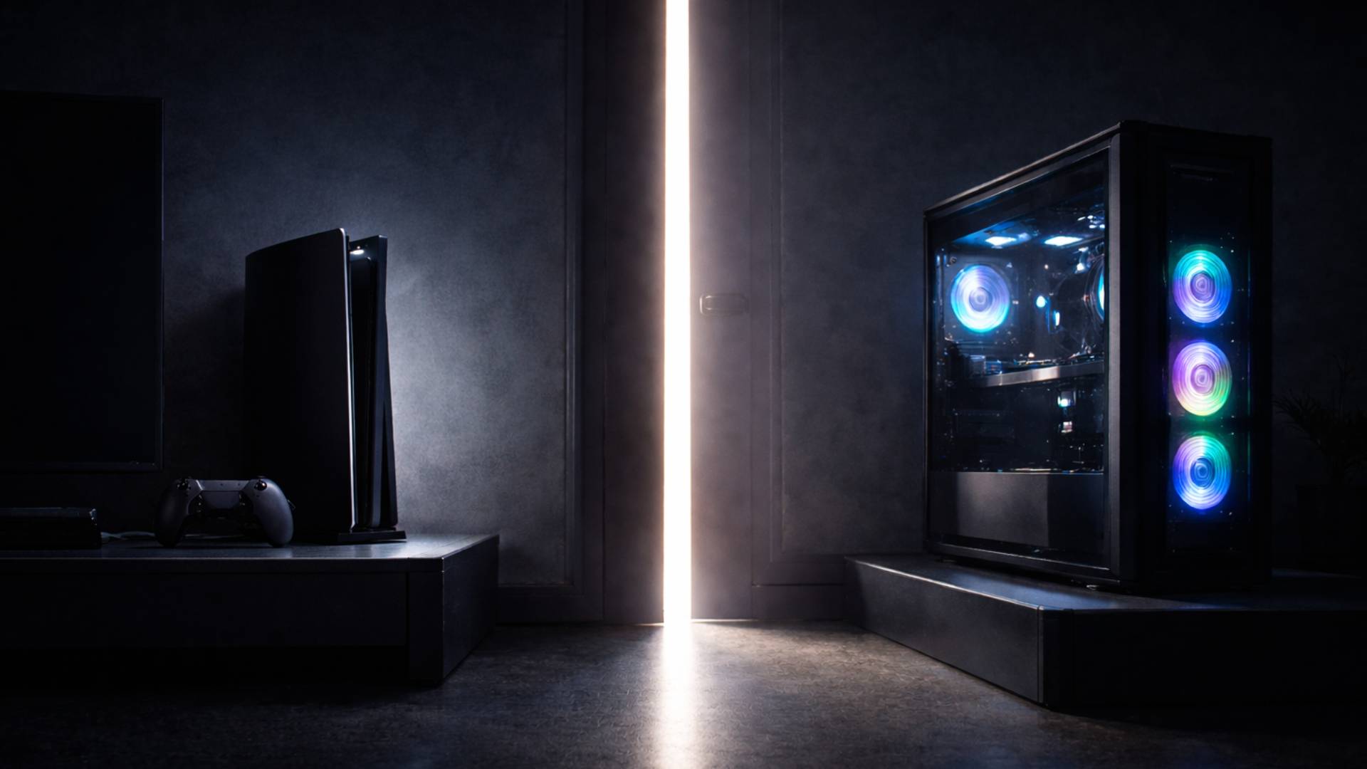 Moderne Spielkonsole und Gaming-PC stehen sich in einem dunklen Raum gegenüber, getrennt durch einen schmalen Lichtstrahl als Symbol für Sonys Plattformstrategie.