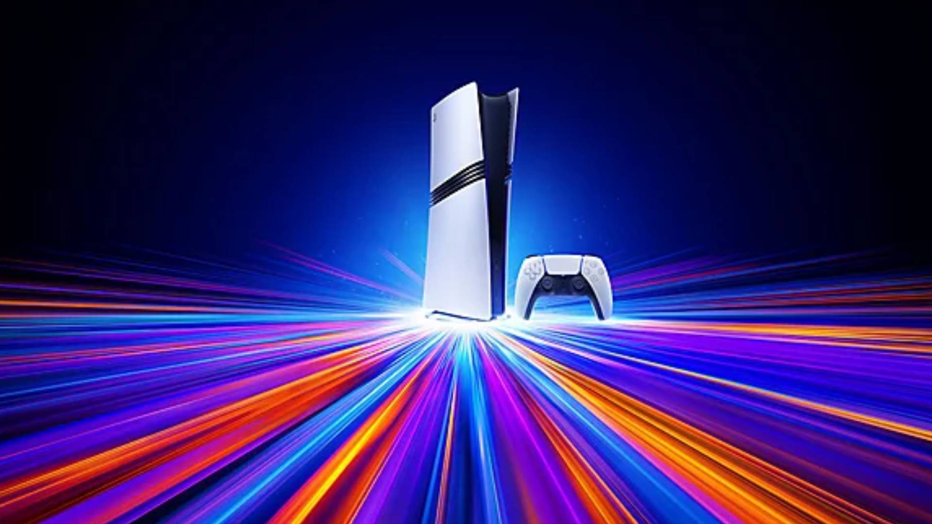 Illustration einer PlayStation-5-Konsole mit Controller vor farbigen Lichtstrahlen, die Leistung und Geschwindigkeit symbolisieren