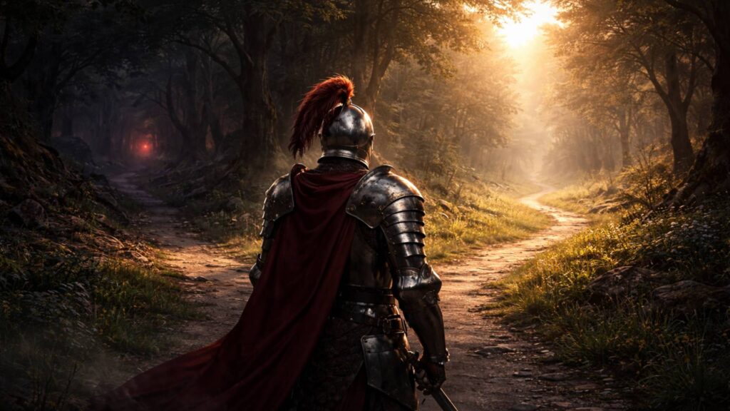 Quest-Knight in silberner Rüstung steht an einer Weggabelung zu Beginn einer Reise