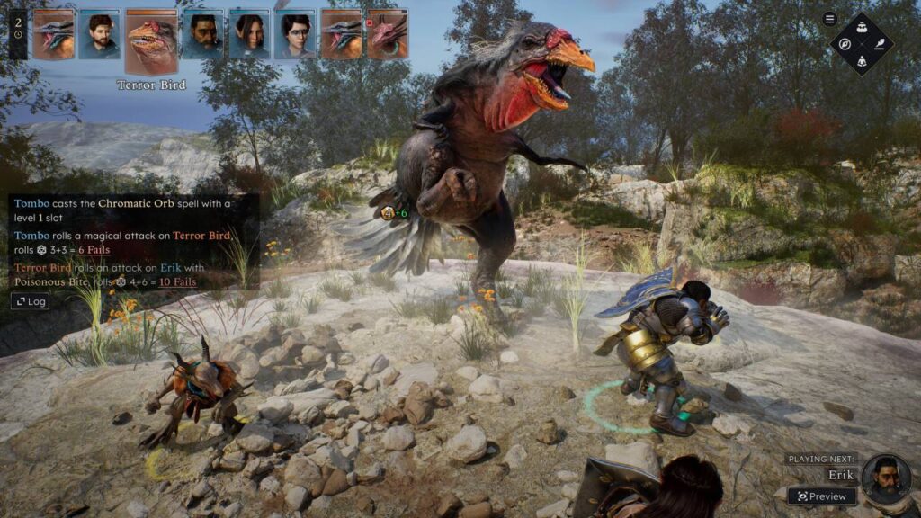 Rundenbasierter Kampf gegen ein großes Monster in einer Fantasy-Welt mit mehreren Gruppenmitgliedern