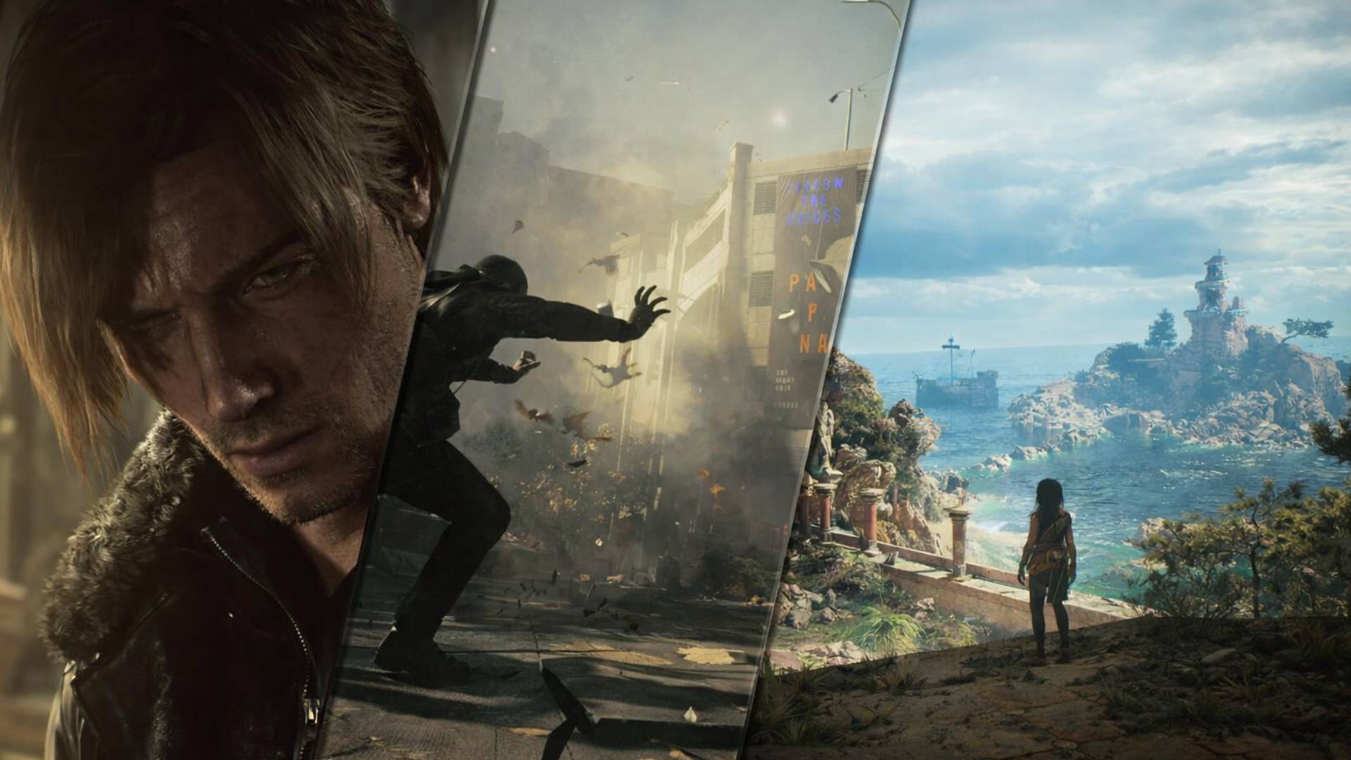 Die besten Story-Spiele 2026 in einer Collage: düsteres Charakterporträt, paranormale Großstadt-Action und historische Inselkulisse.