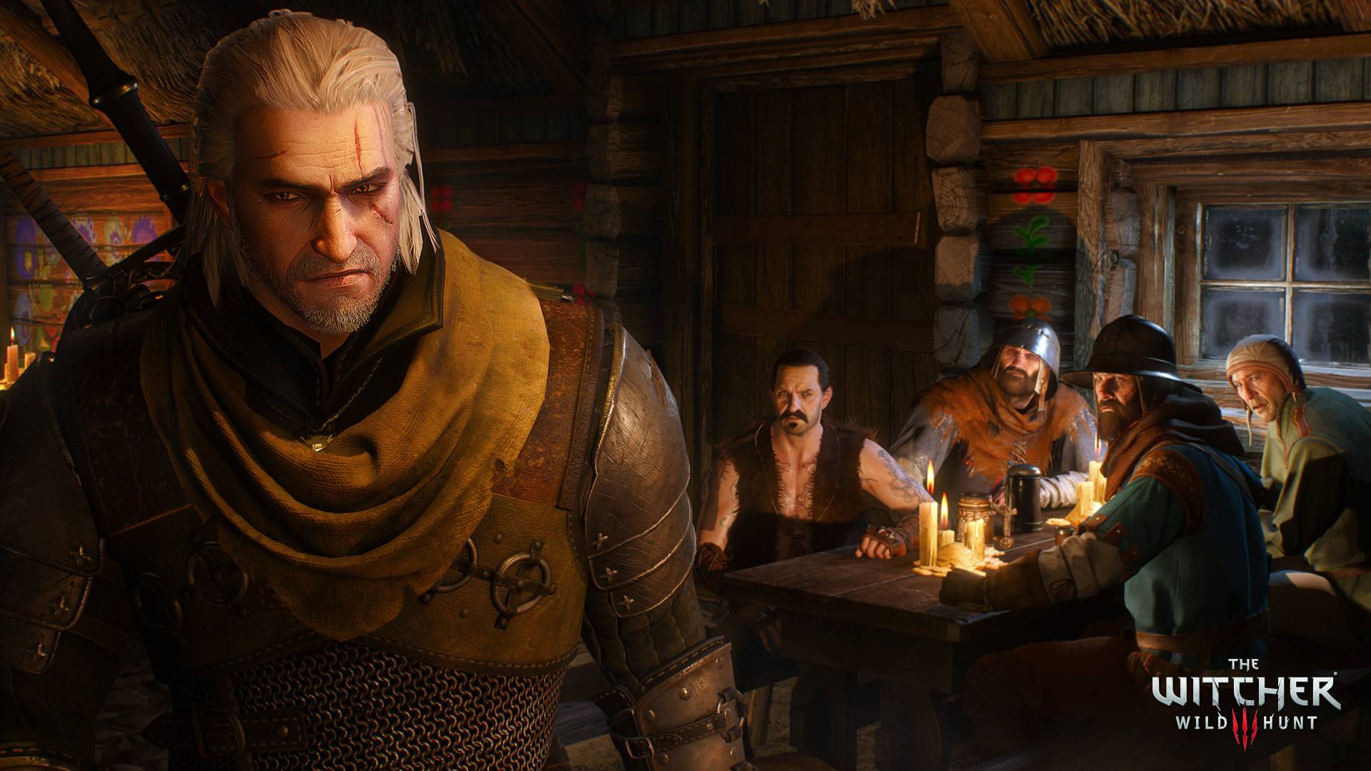 Geralt von Riva in einer Gesprächssituation mit mehreren NPCs in The Witcher 3