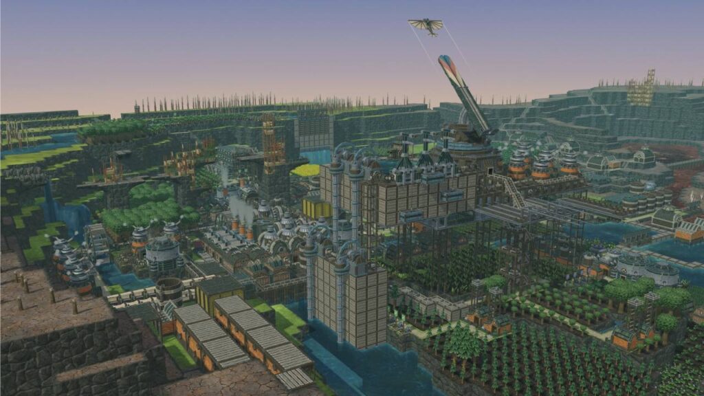 Große Biberstadt mit Dämmen, Wasserkanälen und vertikalen Gebäuden in einer grünen Landschaft