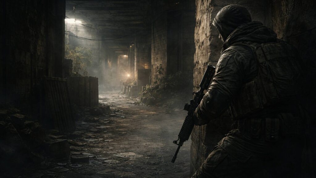 Bewaffneter Charakter steht in Deckung an einer dunklen Ecke und beobachtet einen schmalen Gang