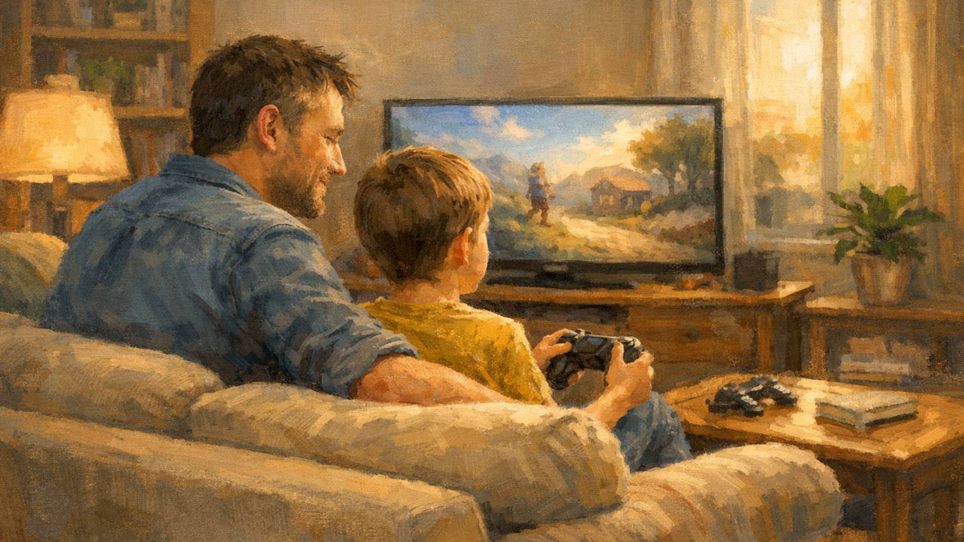 Ein Elternteil sitzt gemeinsam mit einem Kind auf dem Sofa und schaut entspannt beim Spielen auf einen Bildschirm