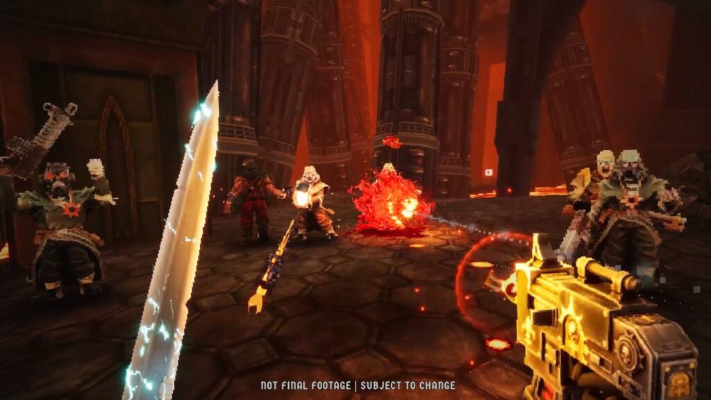 Pixeliger Retro-Shooter mit Kettenschwert und Bolter im Kampf gegen Chaos-Kultisten