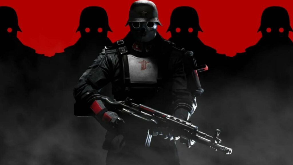 Bewaffneter Soldat aus Wolfenstein steht vor rotem Hintergrund, hinter ihm zeichnen sich dunkle Silhouetten mit leuchtenden Augen ab