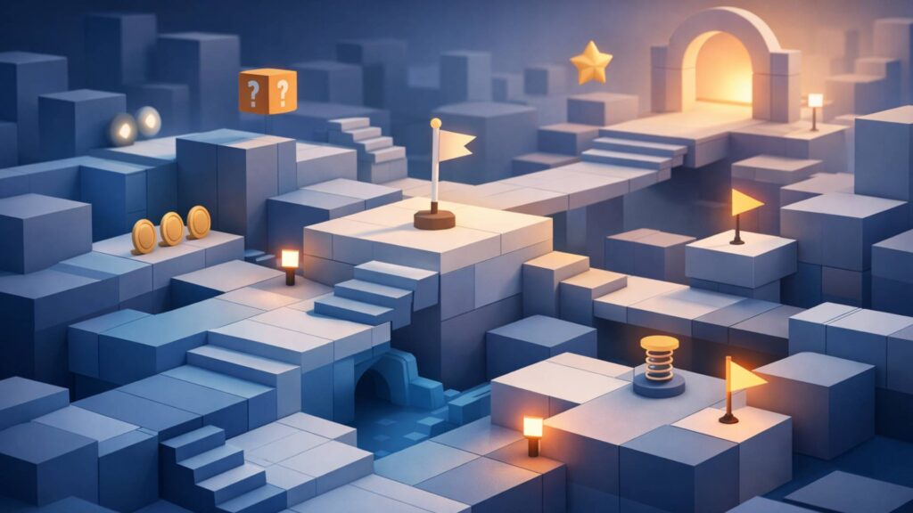 Abstrakte Spielwelt mit klaren Wegen und Orientierungspunkten als Symbol für Zugänglichkeit in Videospielen