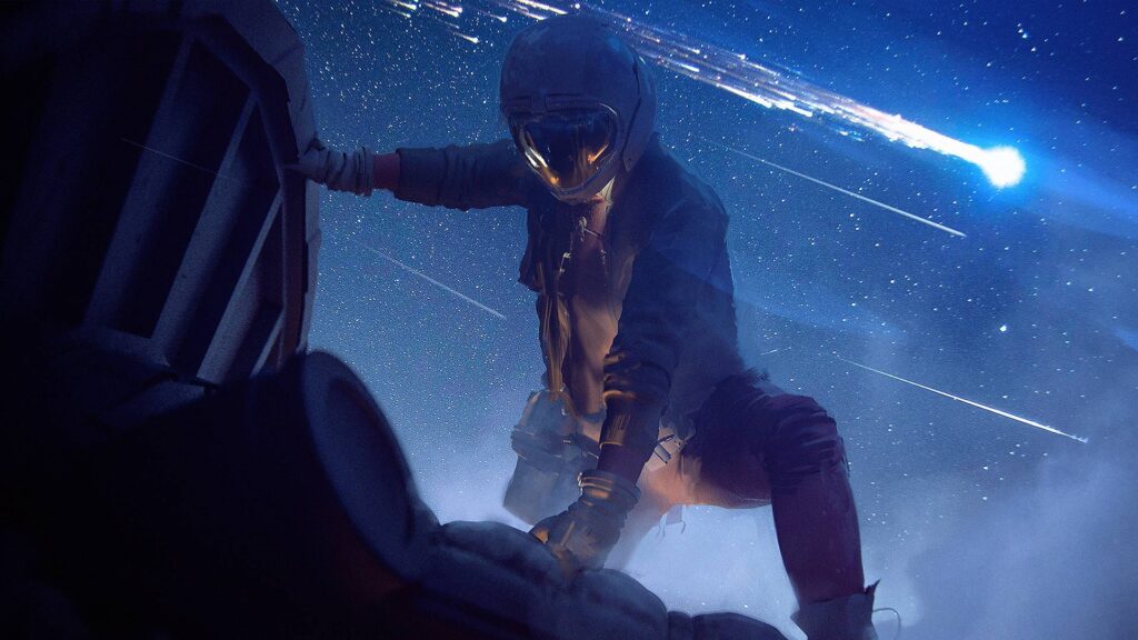 Figur klettert auf Fahrzeug unter Sternenhimmel in Arc Raiders