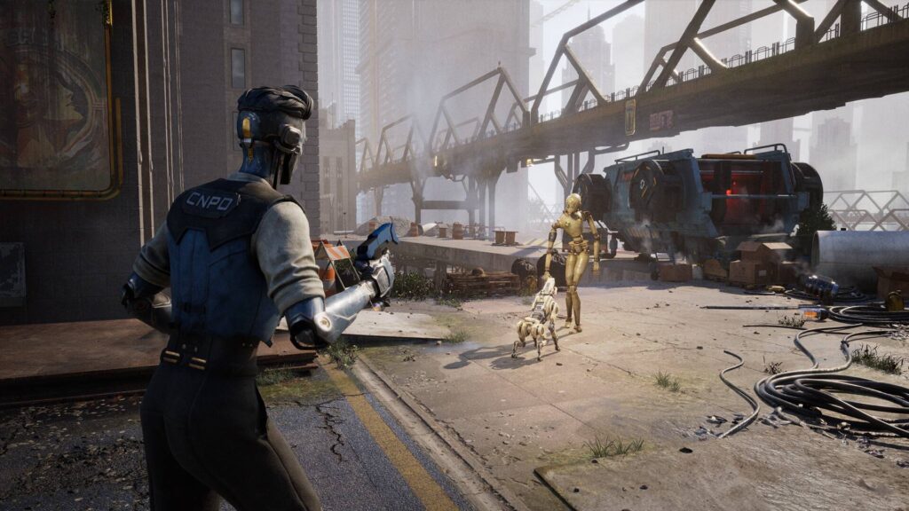 Konfrontation zwischen Robotern in futuristischer Stadt in Artificial Detective