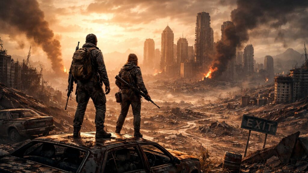 Zwei Überlebende blicken auf eine zerstörte Stadt in einer postapokalyptischen Welt