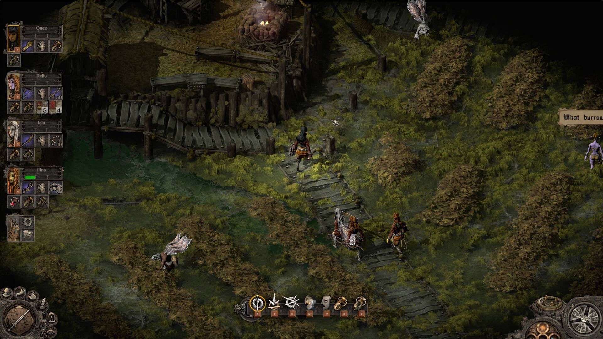 Isometrische Rollenspielszene mit Gruppe von Abenteurern in ländlicher Siedlung in Banquet of Fools