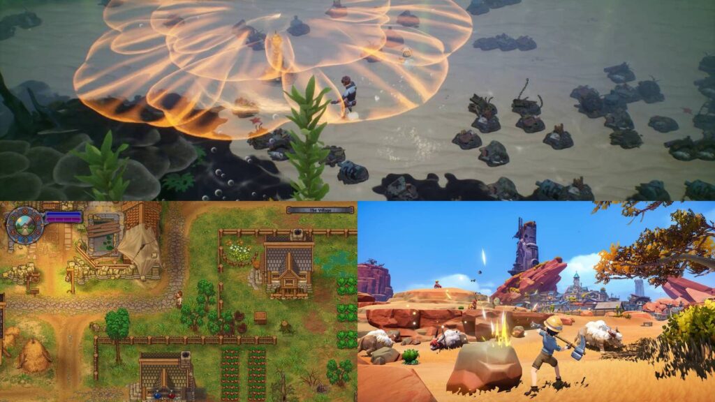 Collage aus Cozy Games mit Farming, Abenteuer und entspannter Spielwelt