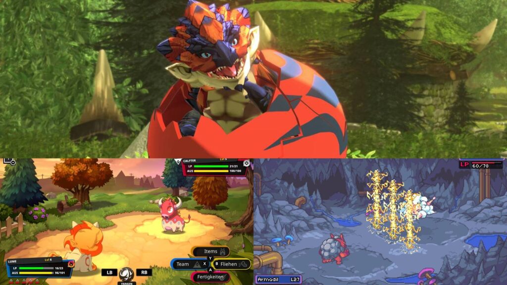 Collage mit Pokémon-Alternativen wie Monster Hunter Stories 2, Nexomon Extinction und Coromon