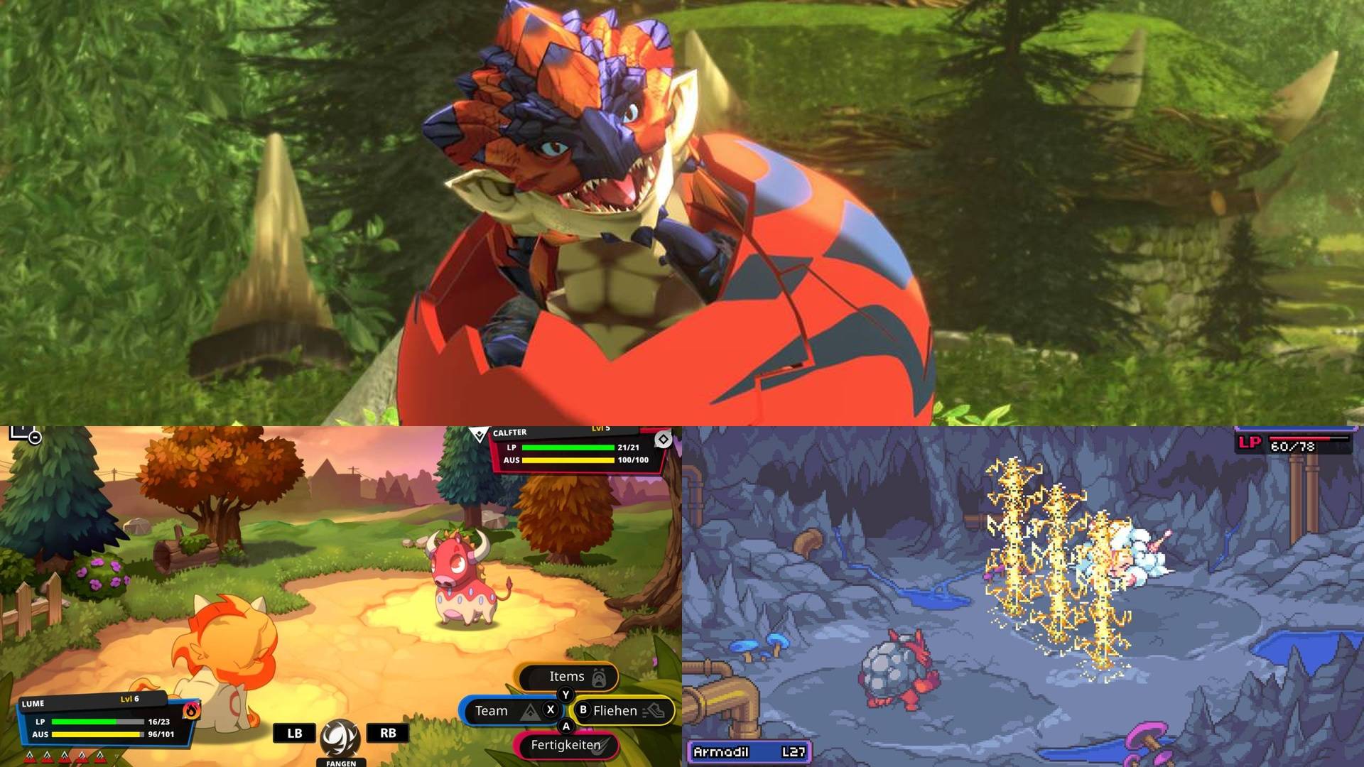 Collage mit Pokémon-Alternativen wie Monster Hunter Stories 2, Nexomon Extinction und Coromon