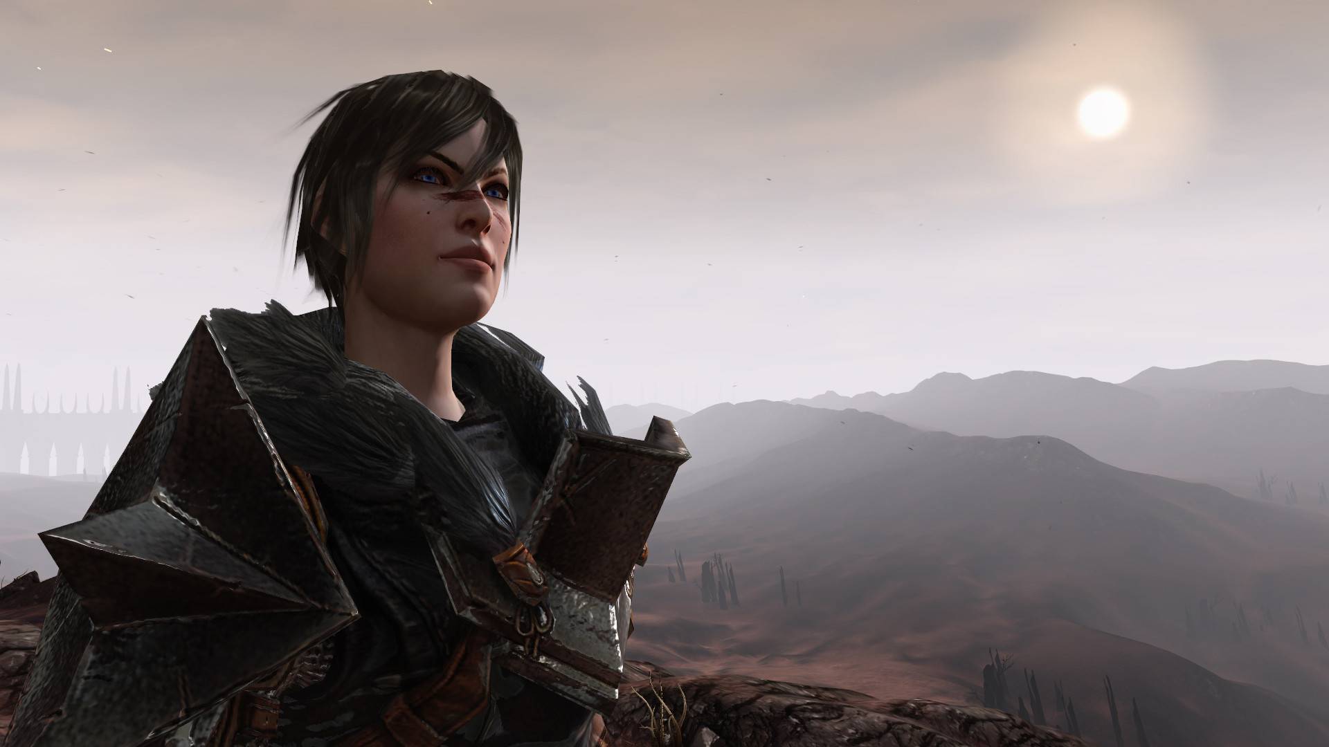 Kriegerin blickt über eine karge Landschaft in Dragon Age II