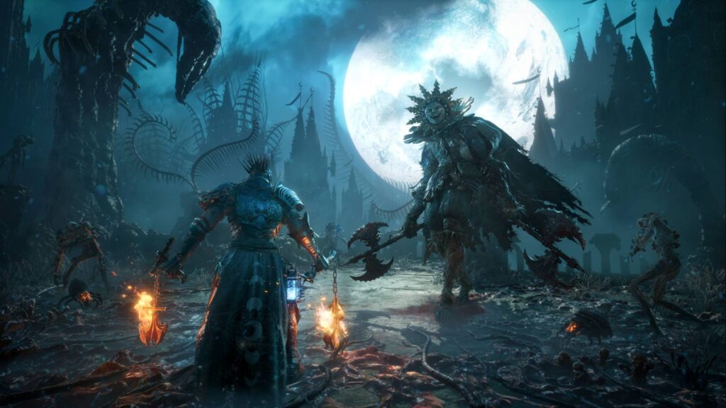 Bosskampf gegen Kreatur in düsterer Welt von Lords of the Fallen 2