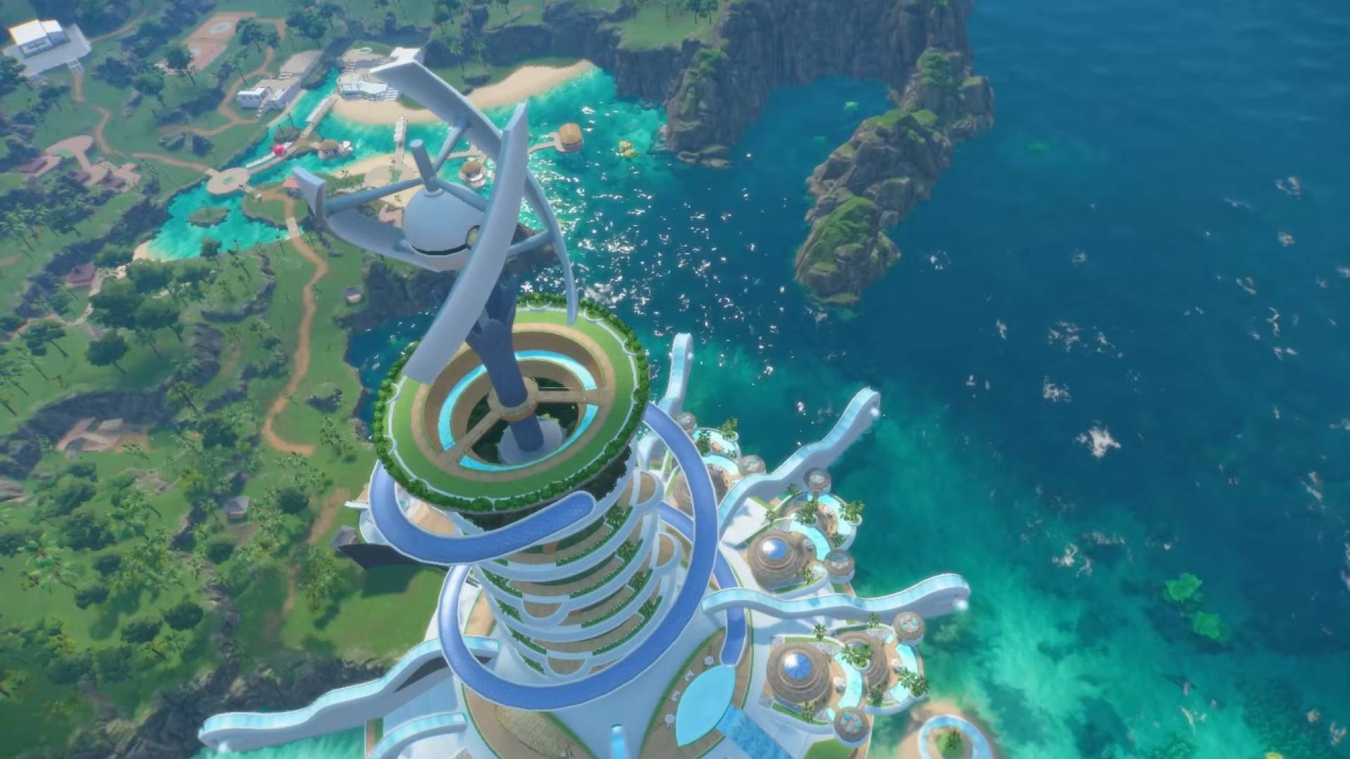 Pokémon Winds and Waves: Blick über die offene Spielwelt mit türkisblauem Ozean und grüner Küstenlandschaft