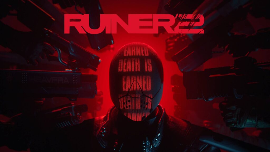 Key Art zu RUINER 2 zeigt einen maskierten Cyberpunk-Kämpfer, der von Waffen umgeben ist