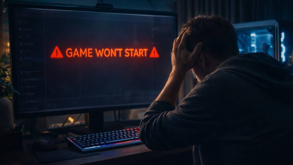 Spiel startet nicht: Gamer sitzt frustriert vor Monitor mit Fehlermeldung