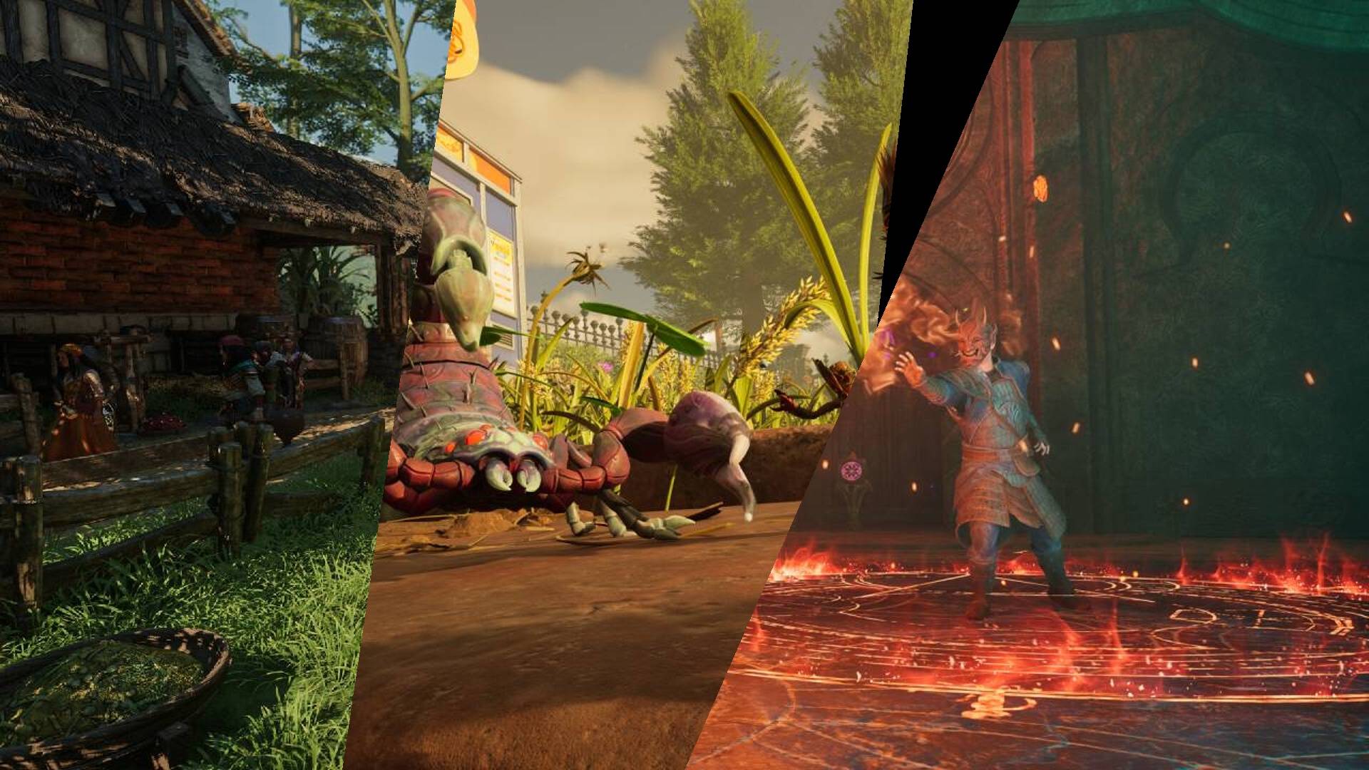 Dynamische 1920x1080-Collage mit Enshrouded-Dorf, Grounded-2-Kampf gegen Riesenskorpion und magischem Duell in Outward 2