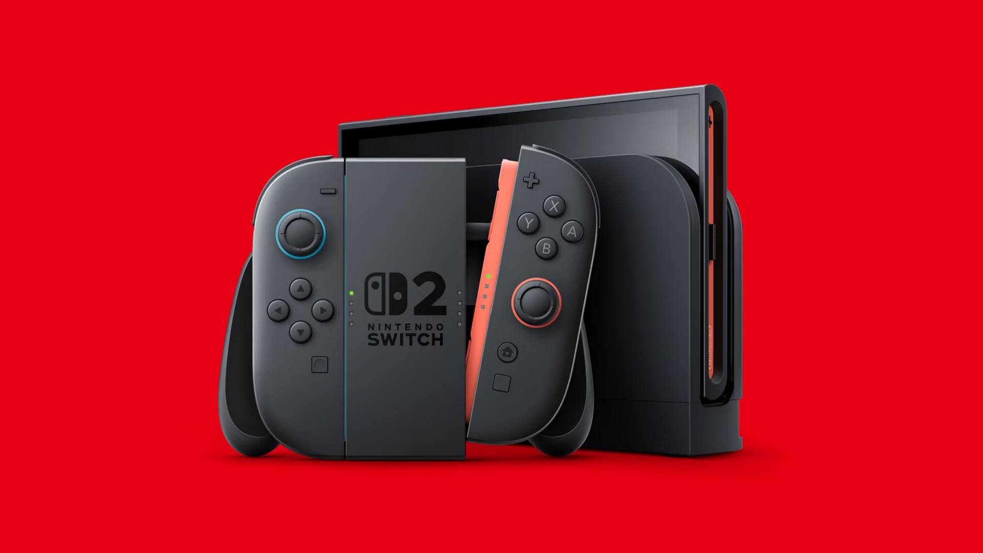 Nintendo Switch 2 Konsole mit Joy-Con-Controllern vor rotem Hintergrund
