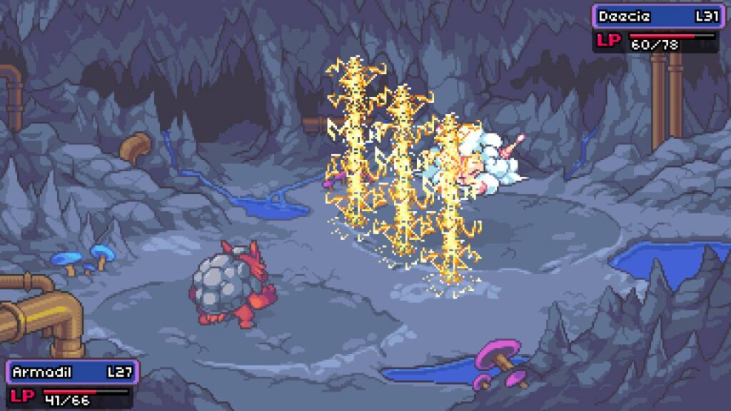 Pixelart-Kampf zwischen zwei Coromon-Kreaturen in einer Höhle