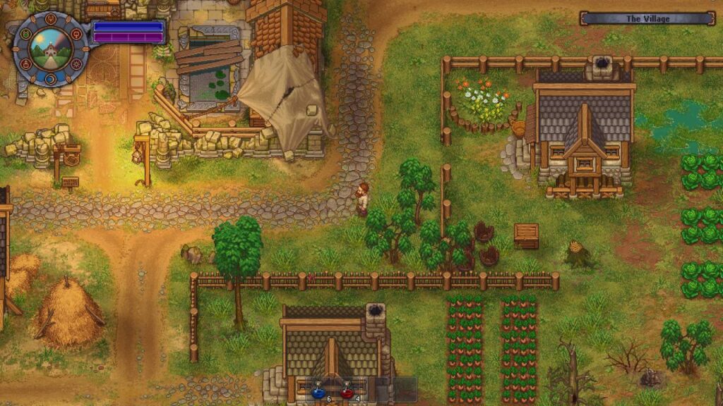 Pixel-Farm und Dorfansicht in Graveyard Keeper mit Feldern und Häusern