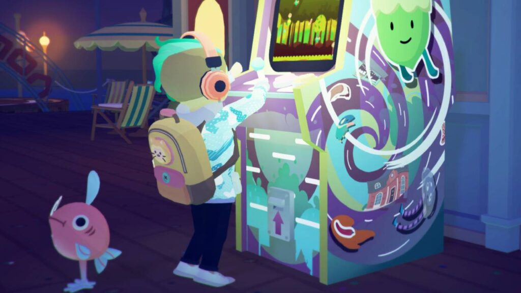 Spieler interagiert mit Arcade-Automat in der bunten Welt von Ooblets
