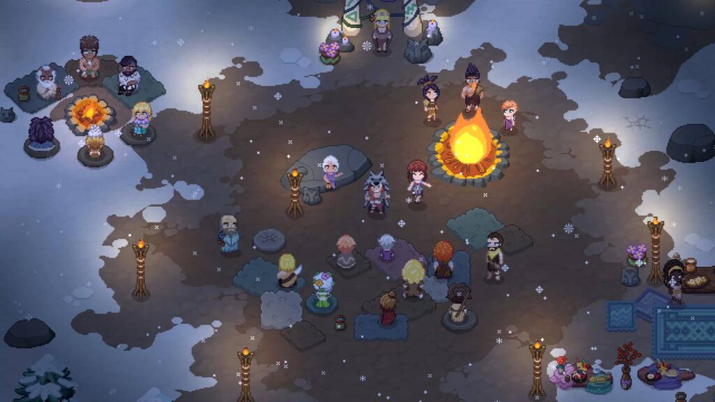 Dorfgemeinschaft versammelt sich am Lagerfeuer in Roots of Pacha