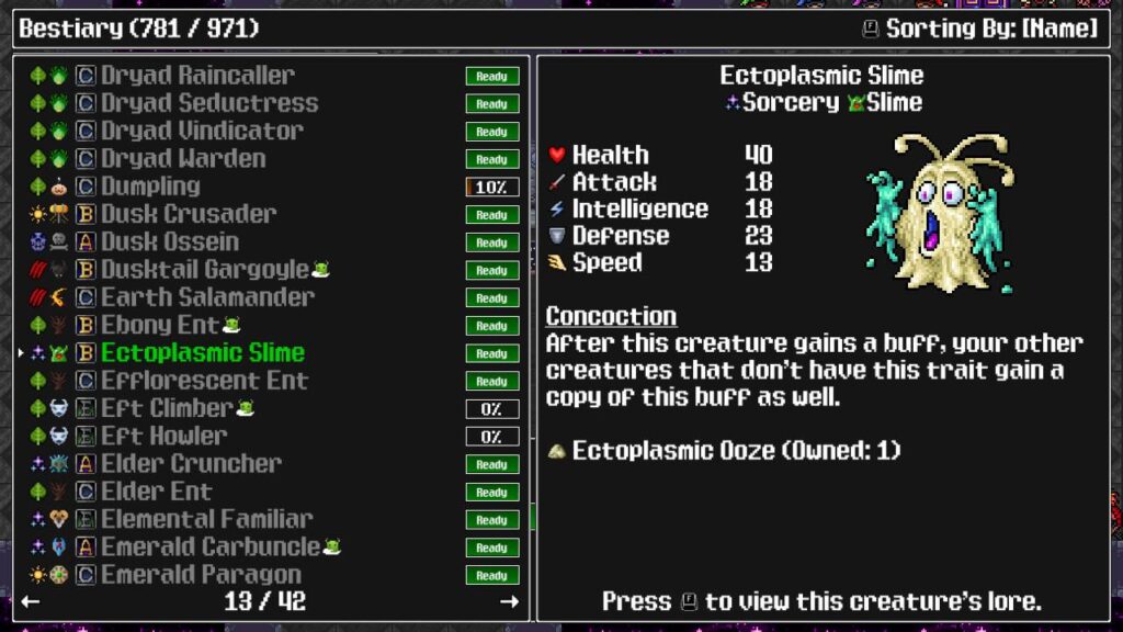 Bestiarium-Menü mit Kreatur Ectoplasmic Slime in Siralim Ultimate