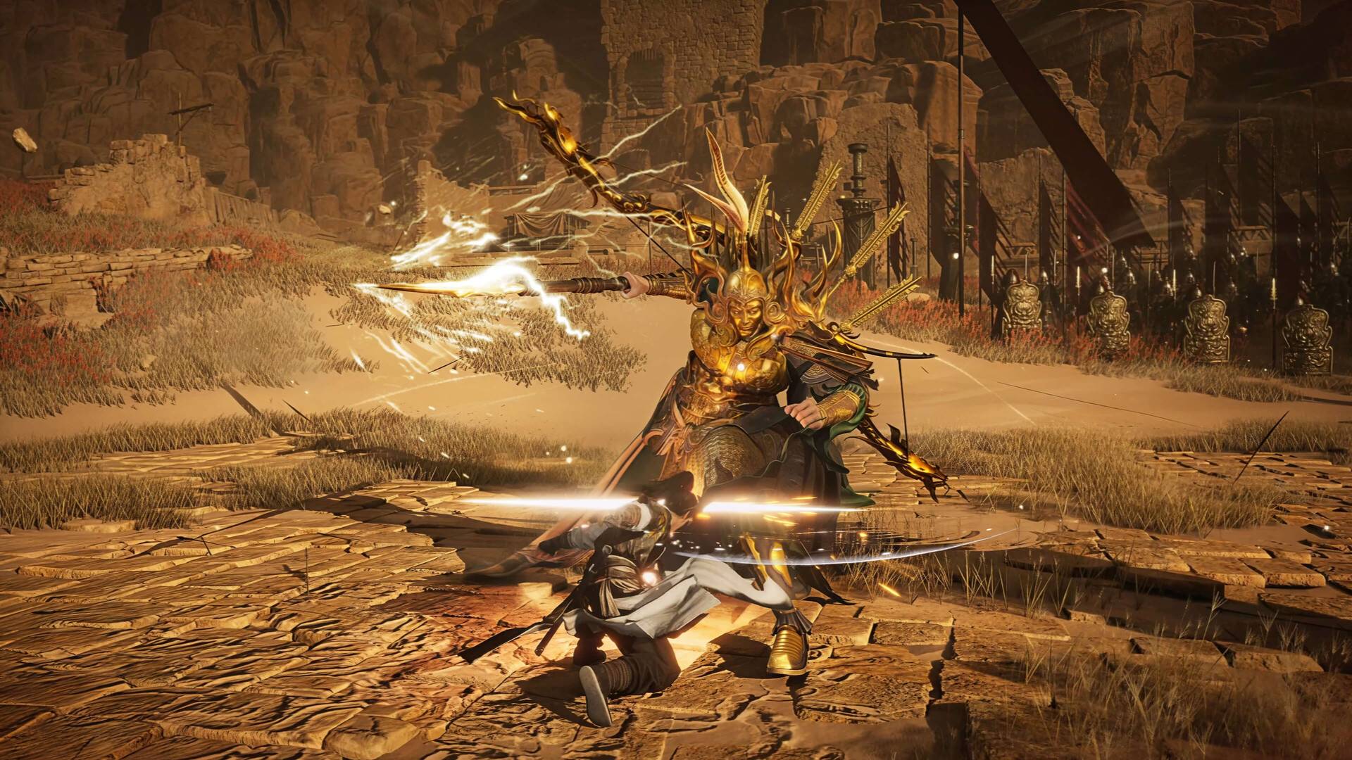 Schneller Schwertkampf in Wüstenlandschaft in Where Winds Meet