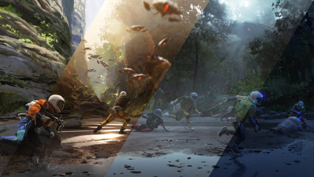 Gruppe von Figuren flieht vor Angriff in Arc Raiders