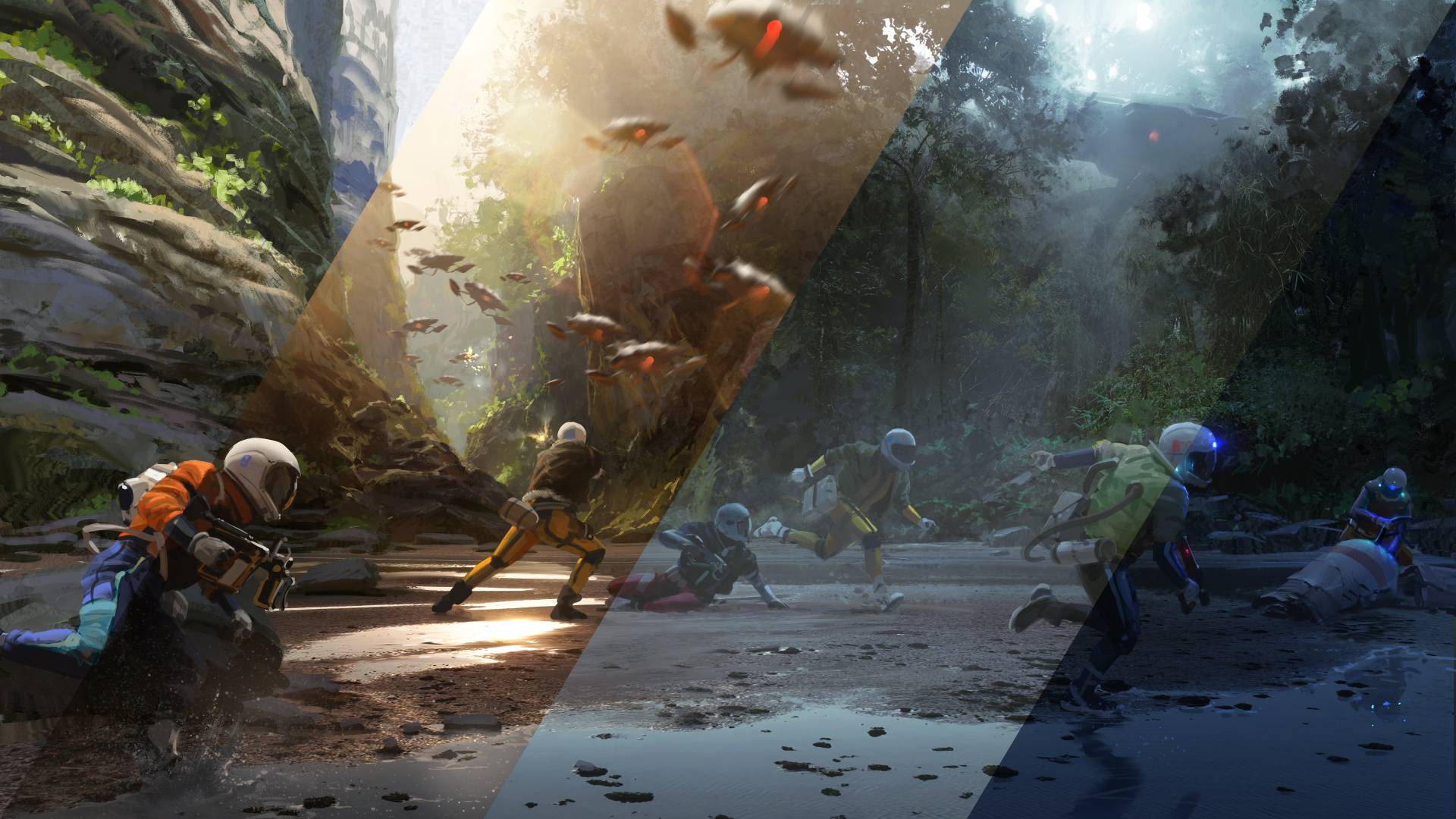 Gruppe von Figuren flieht vor Angriff in Arc Raiders