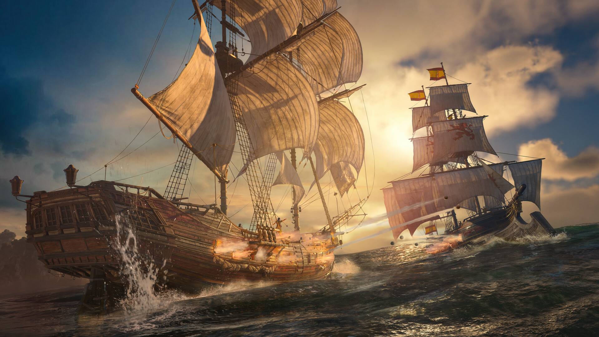 Assassin’s Creed Black Flag Resynced zeigt Seeschlacht mit zwei Segelschiffen bei Sonnenuntergang auf offener See