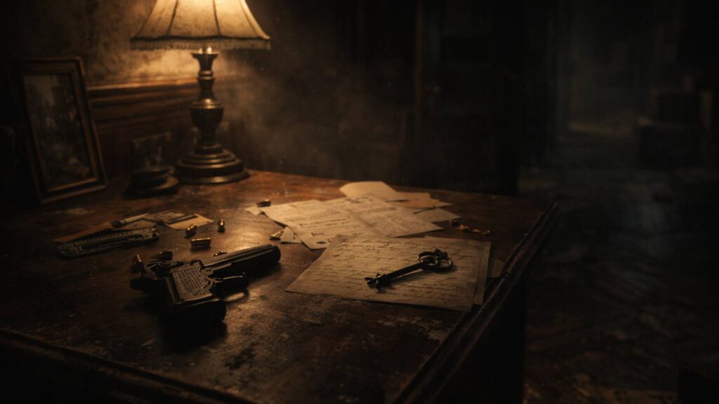 Spiele wie Resident Evil: düstere Szene mit Pistole, Notizen und Schlüssel auf einem Tisch