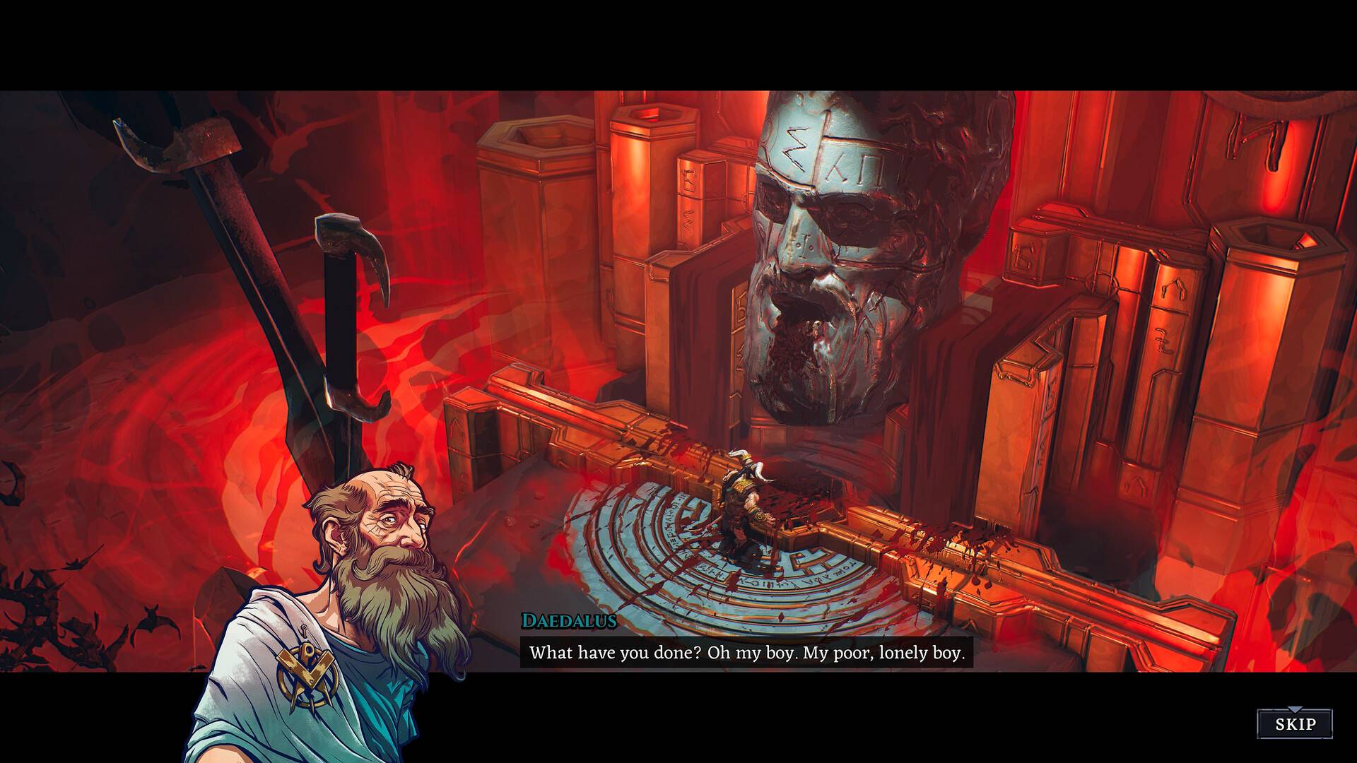 Szene aus MINOS mit Daedalus im Labyrinth, roter Umgebung und blutiger Opferstätte