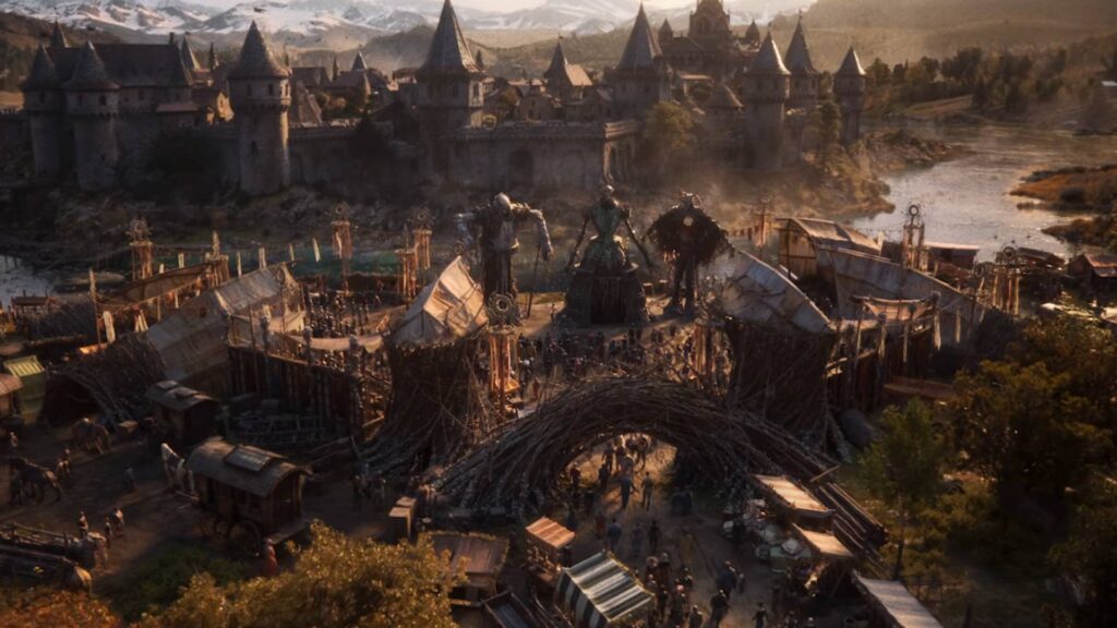 Belebter Marktplatz vor mittelalterlicher Stadt in Divinity