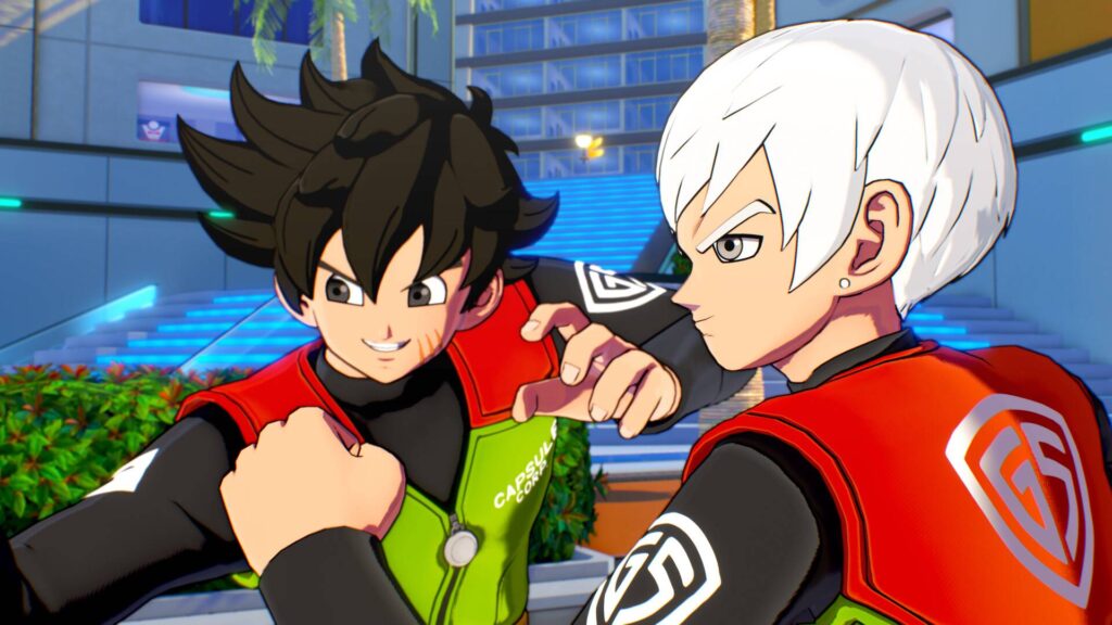 Dragon Ball Xenoverse 3 zeigt zwei Kämpfer im Capsule-Corp-Look in dynamischer Trainingsszene