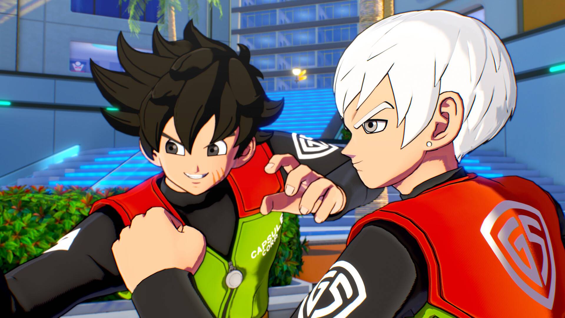 Dragon Ball Xenoverse 3 zeigt zwei Kämpfer im Capsule-Corp-Look in dynamischer Trainingsszene