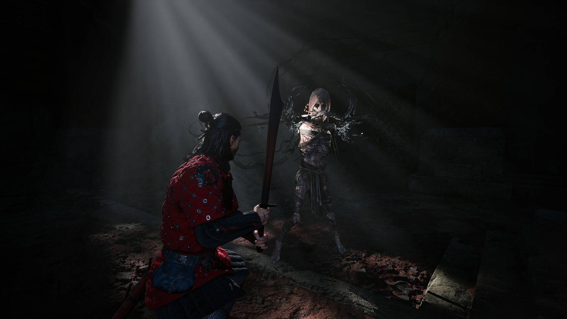 The Blood of Dawnwalker zeigt Schwertkampf gegen untote Kreatur in dunkler, von Lichtstrahlen durchbrochener Umgebung