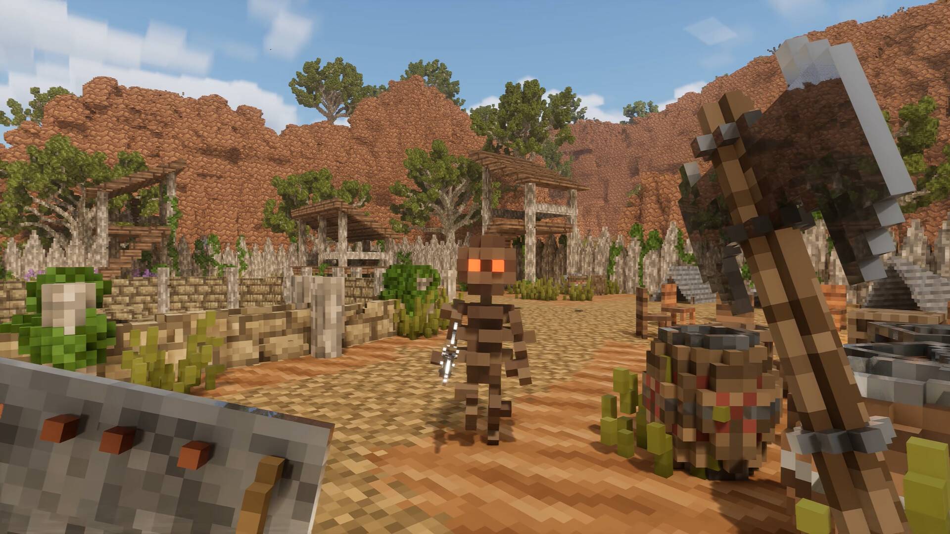 Sandbox-Welt in Lay of the Land mit voxelbasierter Optik und Gegner in einer Minecraft-ähnlichen Umgebung