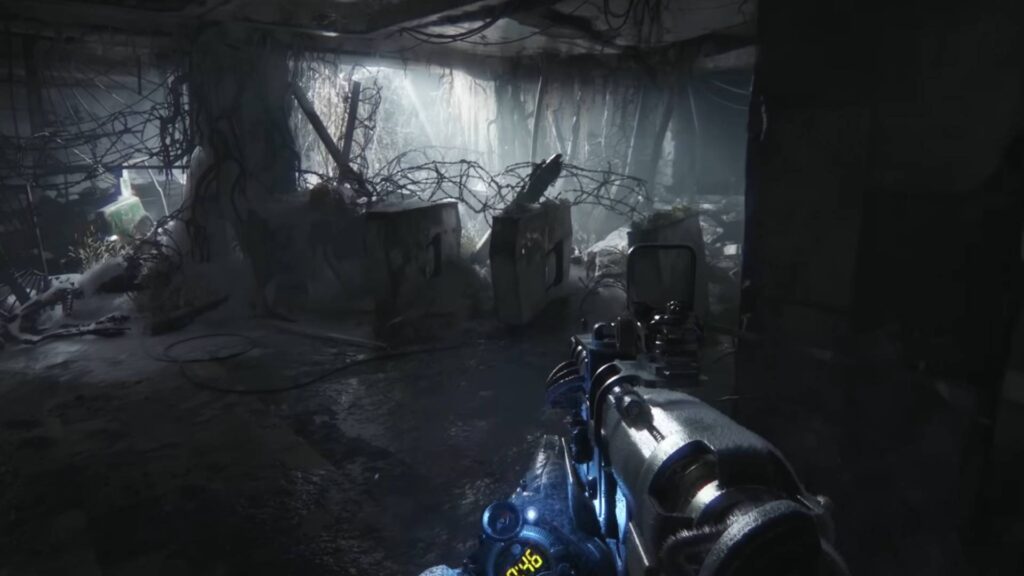 Metro 2039 Szene zeigt düsteren Tunnel mit überwucherter Ruine und gezogener Waffe in postapokalyptischer Atmosphäre