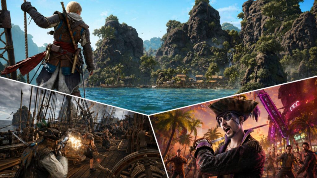 Piratenspiele Collage mit Black Flag, Windrose und Pirate Yakuza in Hawaii