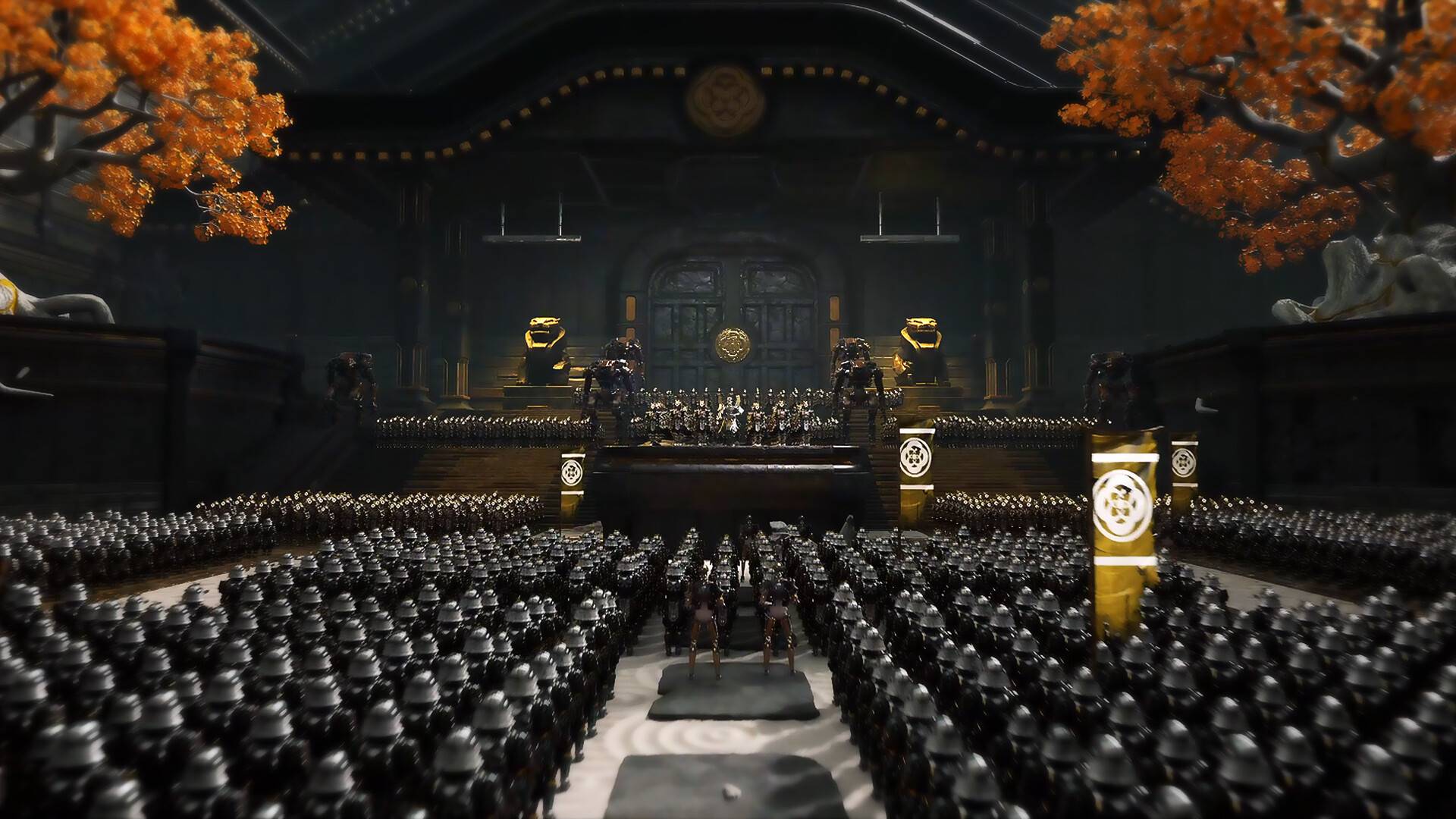 SOL Shogunate Szene zeigt riesige Samurai-Armee vor Tempel in futuristisch japanischer Atmosphäre