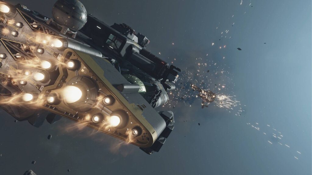 Raumschiff kämpft im All in Starfield