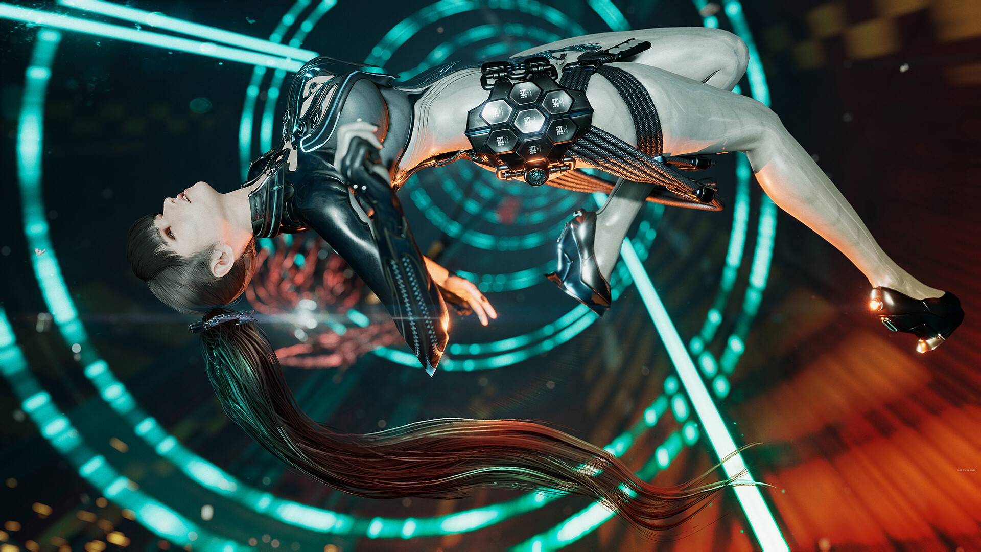 Stellar Blade zeigt Protagonistin Eve in futuristischer Umgebung mit schwebender Pose und Cyber-Design